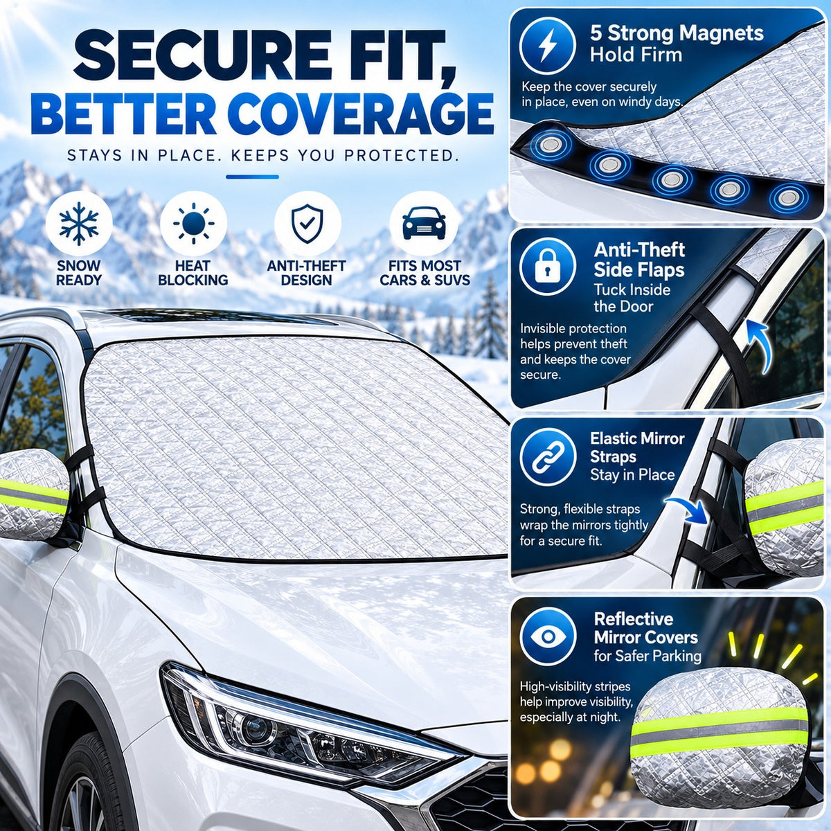 🛡️ All-Weather 4-Layer Magnetic Car Windshield Cover | ❄️ Heavy Duty Snow, Ice & Frost Guard 🚘