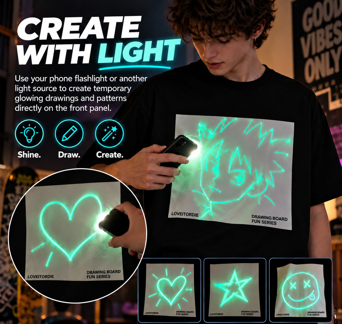👕Light-Reactive Glow in the Dark Drawing T-Shirt – Interactive Light Doodle Graphic Tee for Parties & Festivals