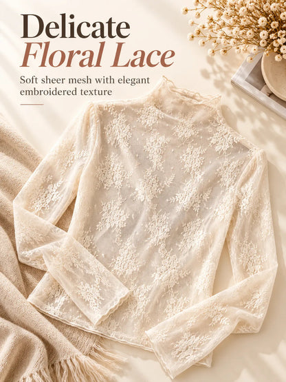 🌸Women's Floral Lace Mesh Tops – Elegant Sheer Mock Neck Layering Shirts 💖