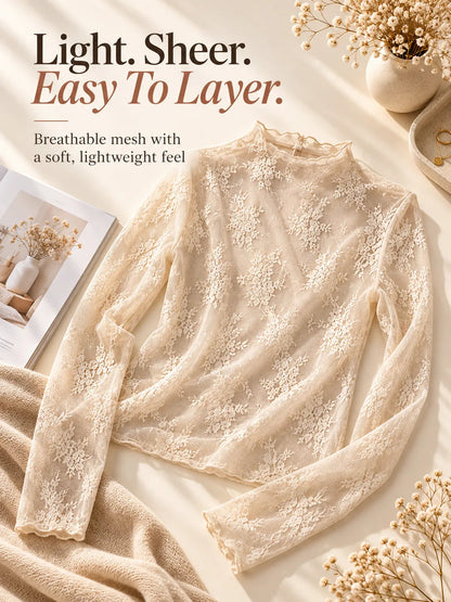 🌸Women's Floral Lace Mesh Tops – Elegant Sheer Mock Neck Layering Shirts 💖