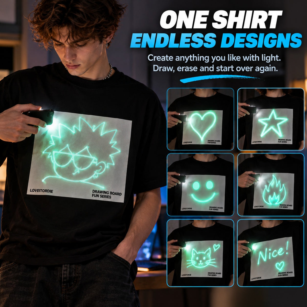 👕Light-Reactive Glow in the Dark Drawing T-Shirt – Interactive Light Doodle Graphic Tee for Parties & Festivals