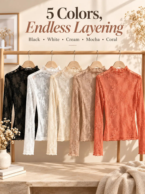 🌸Women's Floral Lace Mesh Tops – Elegant Sheer Mock Neck Layering Shirts 💖