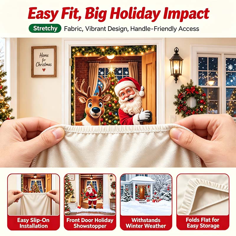 🎄 Stretch-Fit Christmas Door Cover – 4-Side Elastic Holiday Decoration