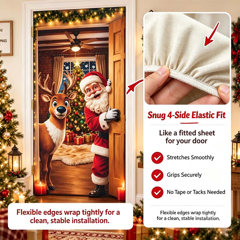 🎄 Stretch-Fit Christmas Door Cover – 4-Side Elastic Holiday Decoration