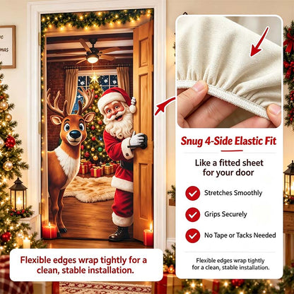 🎄 Stretch-Fit Christmas Door Cover – 4-Side Elastic Holiday Decoration
