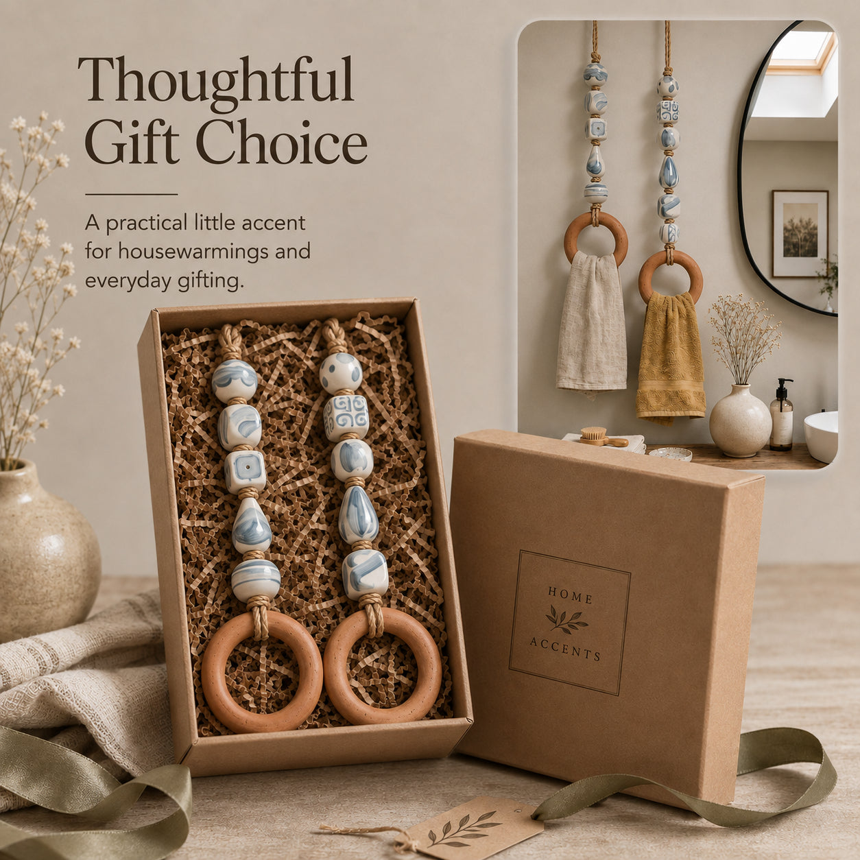 🌊 Boho Chic Coastal Beaded Towel Hanger with Wooden Ring – Perfect Bathroom Decor & Gift Idea 🎁