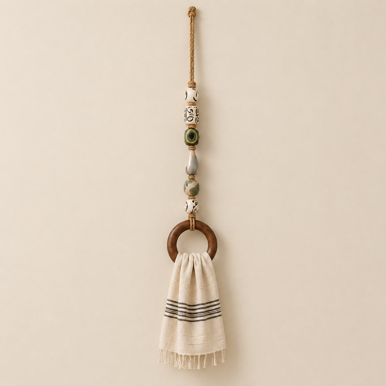 🌊 Boho Chic Coastal Beaded Towel Hanger with Wooden Ring – Perfect Bathroom Decor & Gift Idea 🎁