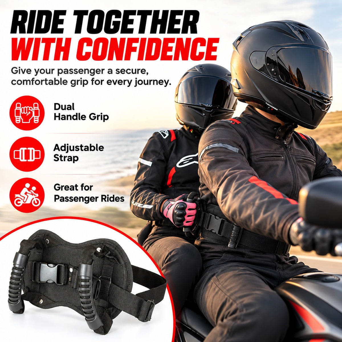 🏍️Motorcycle Passenger Grab Handle Belt – Adjustable Dual Grip Handles for Comfortable Riding💨