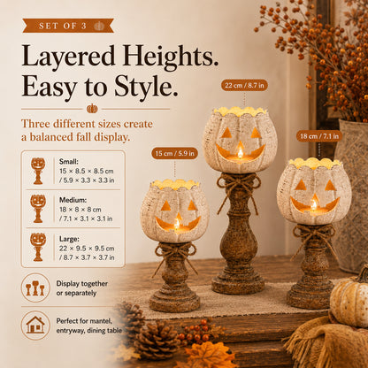 🎃Rustic White Pumpkin Candle Holder Set – Bring Warm Fall Glow & Cozy Halloween Charm Into Your Home🕯️