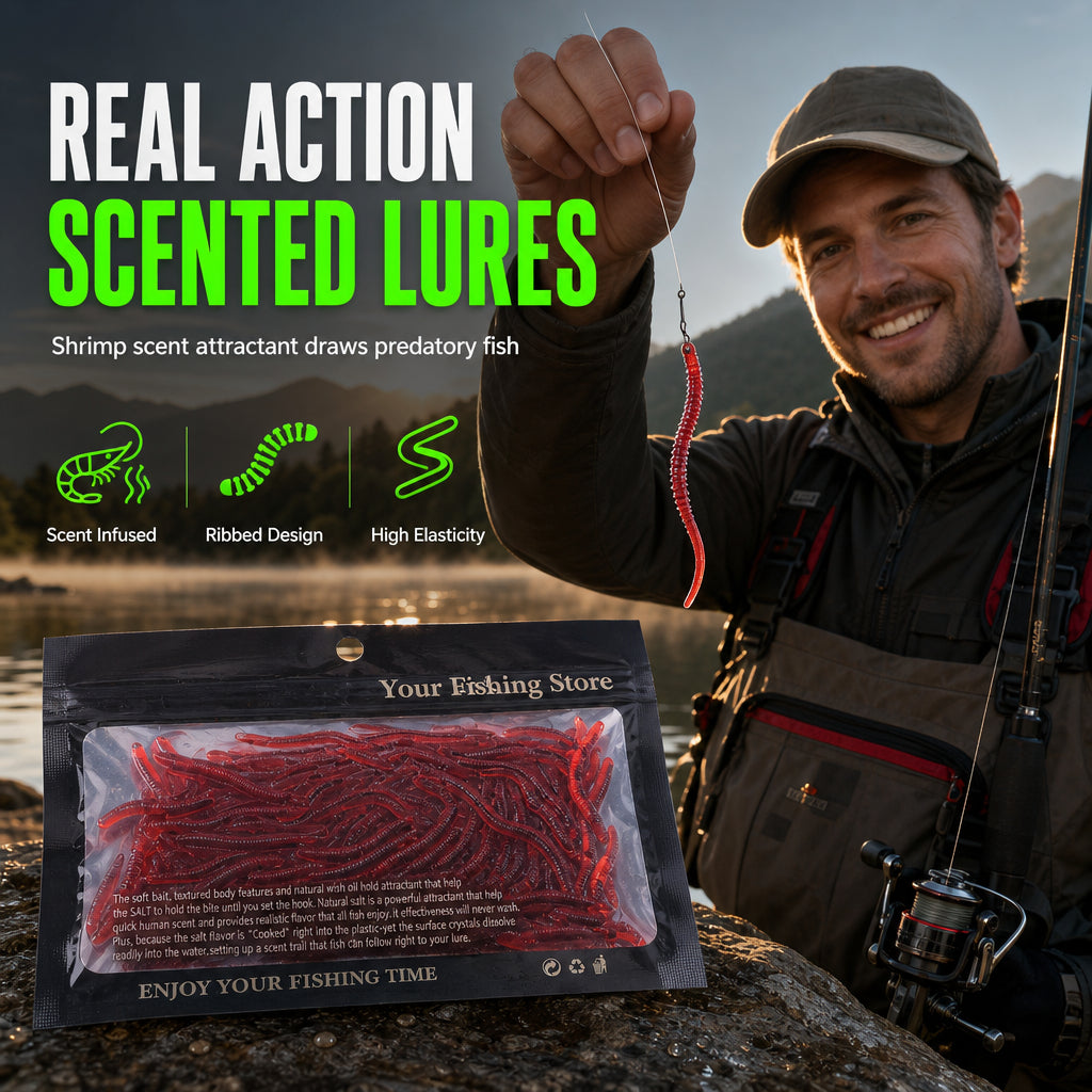 🎣 Shrimp-Scented Lifelike Earthworm Soft Fishing Lures – Flexible Ribbed Action, Glow Effect & 50-Piece Pack 🪱✨