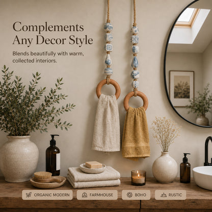 🌊 Boho Chic Coastal Beaded Towel Hanger with Wooden Ring – Perfect Bathroom Decor & Gift Idea 🎁