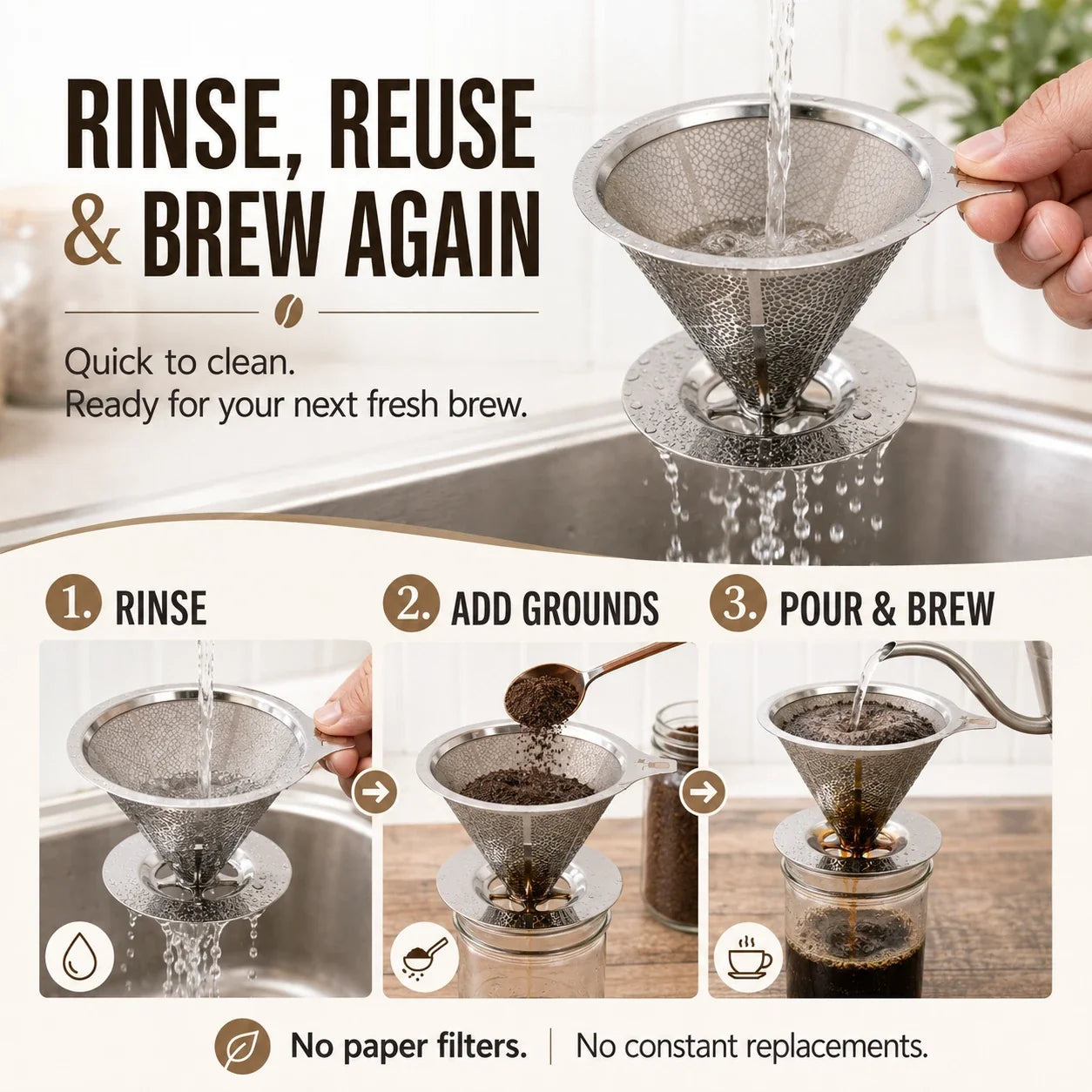 ☕ Never Buy Paper Filters Again! Reusable Stainless Steel Pour Over Coffee Filter 🌿💸