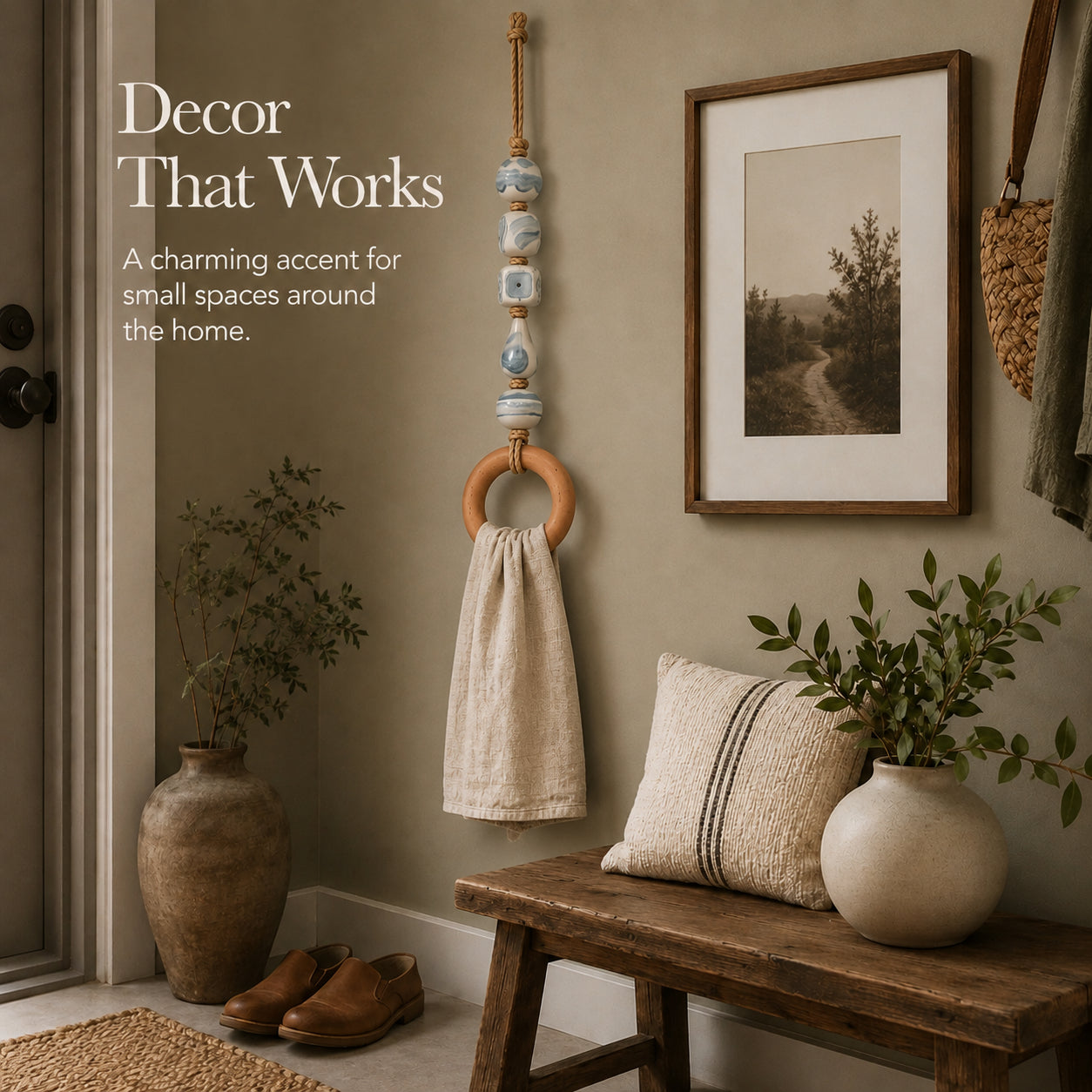 🌊 Boho Chic Coastal Beaded Towel Hanger with Wooden Ring – Perfect Bathroom Decor & Gift Idea 🎁