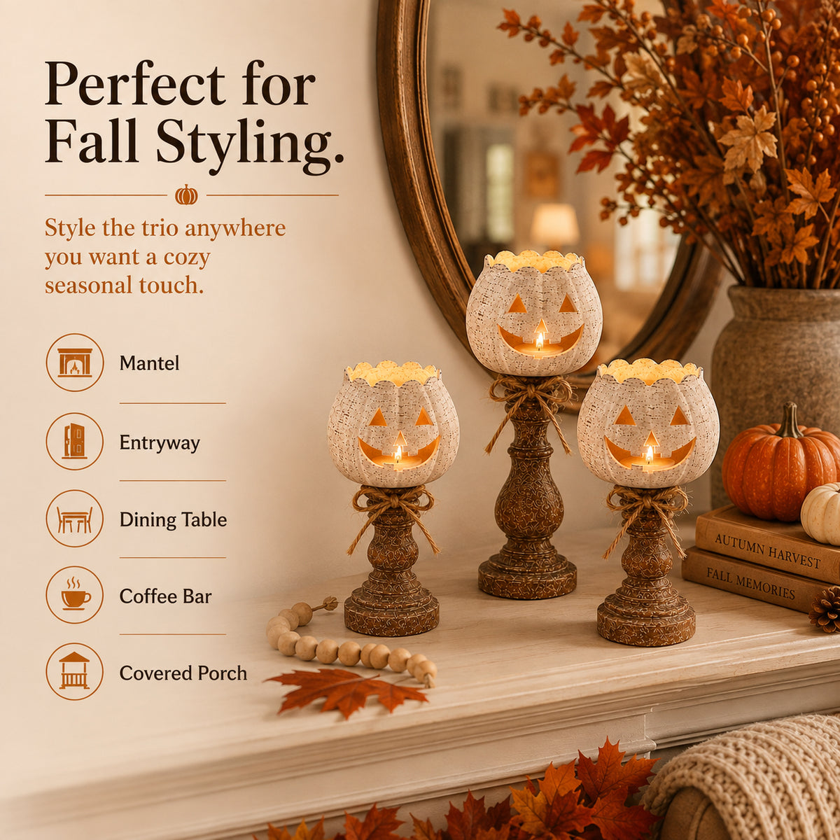 🎃Rustic White Pumpkin Candle Holder Set – Bring Warm Fall Glow & Cozy Halloween Charm Into Your Home🕯️