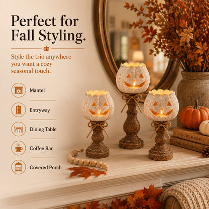 🎃Rustic White Pumpkin Candle Holder Set – Bring Warm Fall Glow & Cozy Halloween Charm Into Your Home🕯️