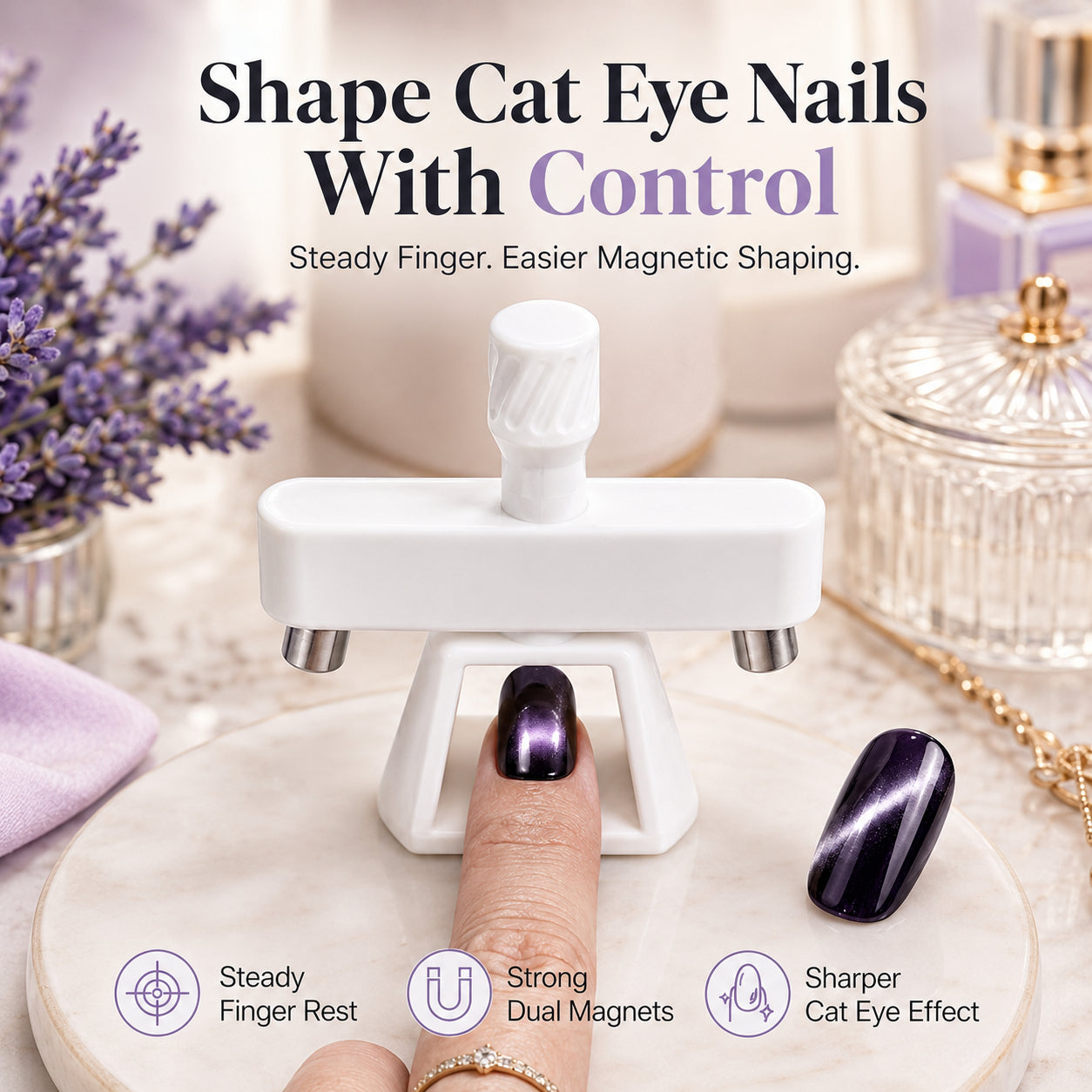 💅[Viral Nail Art Essential] Rotating Cat Eye Gel Nail Magnet Tool with Dual Height Finger Rests – Effortless 3D Aura Nails!