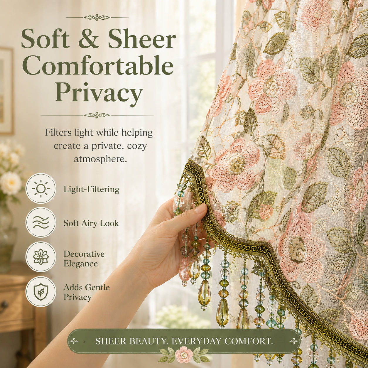 💖 Add a Touch of French Romance — Vintage Floral Lace Door Curtain & Beaded Sheer Panel ✨🌷