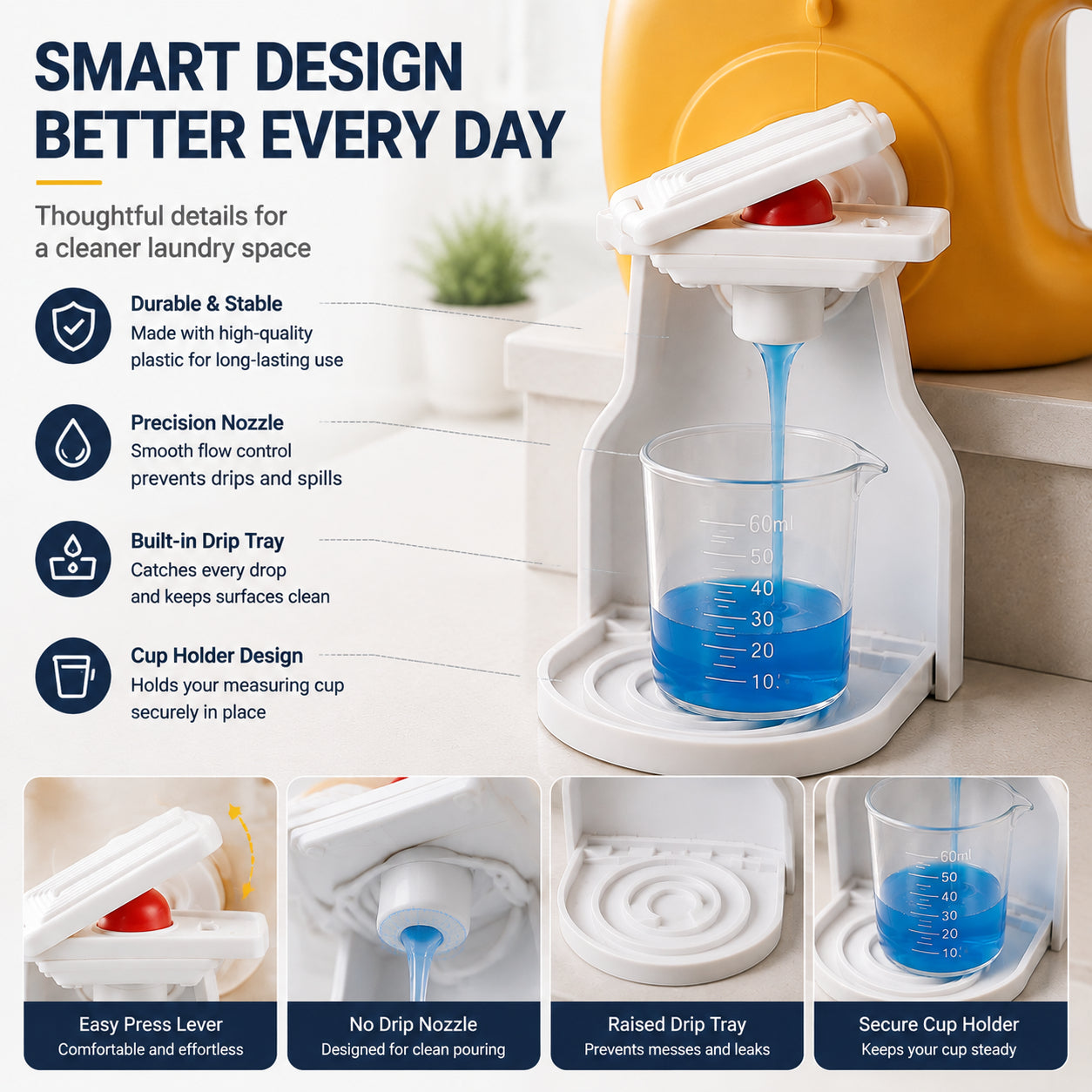 🧺 No-Lift Laundry Detergent Holder – Easy Measuring Cup Stand for Cleaner & Mess-Free Dispensing