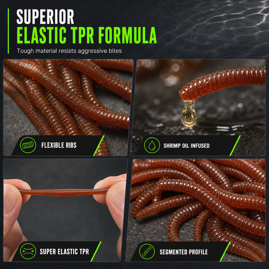 🎣 Shrimp-Scented Lifelike Earthworm Soft Fishing Lures – Flexible Ribbed Action, Glow Effect & 50-Piece Pack 🪱✨