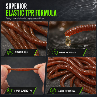 🎣 Shrimp-Scented Lifelike Earthworm Soft Fishing Lures – Flexible Ribbed Action, Glow Effect & 50-Piece Pack 🪱✨