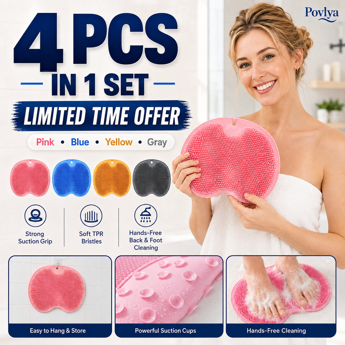 🚿 Say Goodbye to Back Pain & Scrubbing! 4-Pack Hands-Free Silicone Shower Mats 🦶