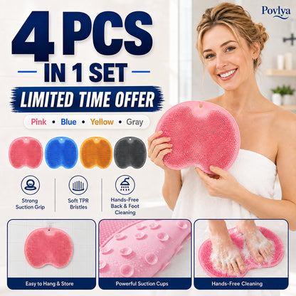 🚿 Say Goodbye to Back Pain & Scrubbing! 4-Pack Hands-Free Silicone Shower Mats 🦶