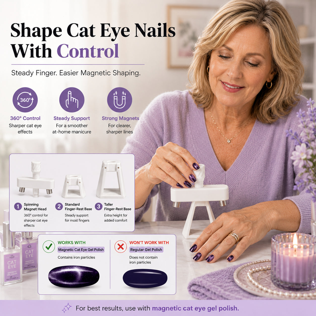 💅[Viral Nail Art Essential] Rotating Cat Eye Gel Nail Magnet Tool with Dual Height Finger Rests – Effortless 3D Aura Nails!