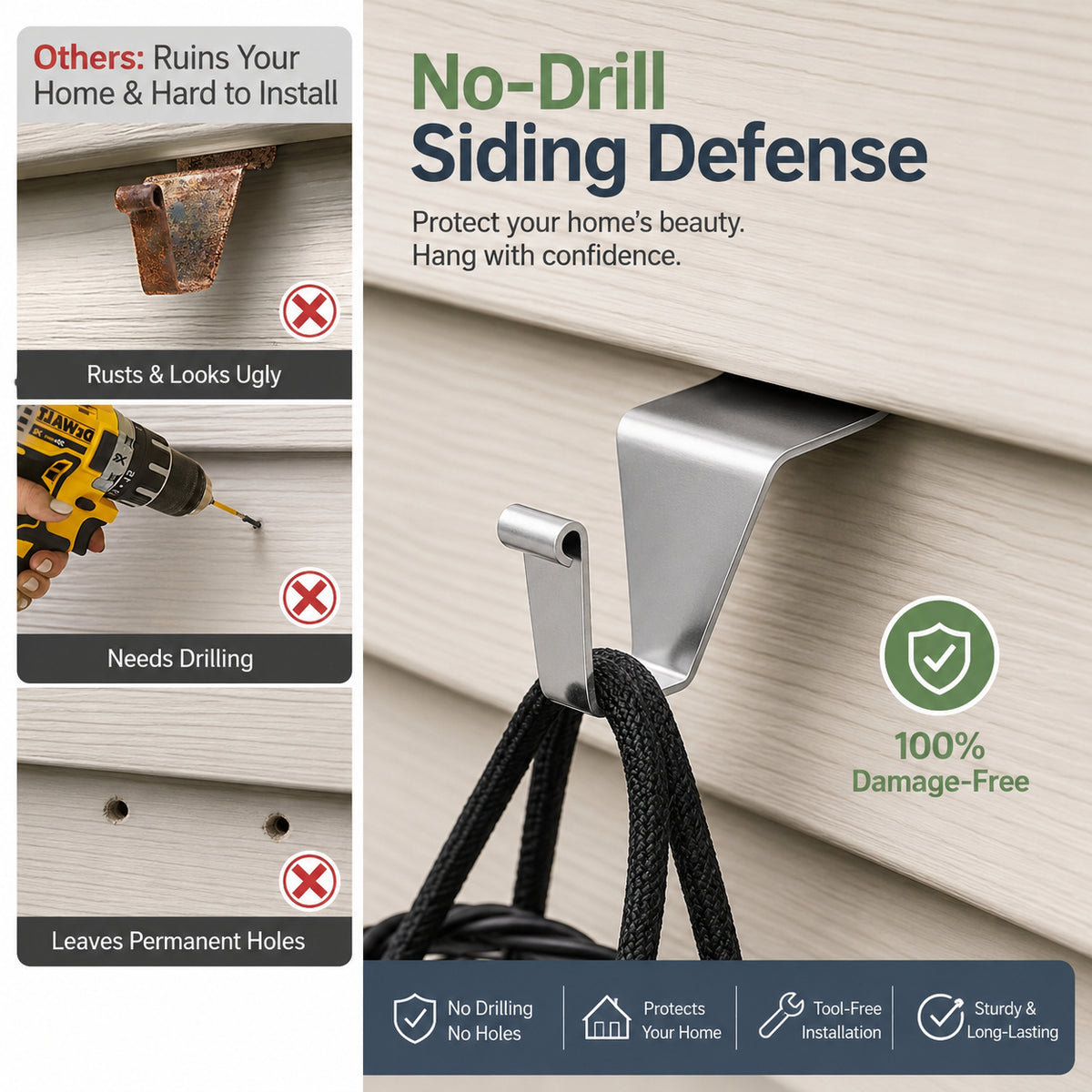 ⚓Damage-Free Stainless Steel Vinyl Siding Hooks – Heavy-Duty No-Drill Hangers for Outdoor Lights & Wreaths
