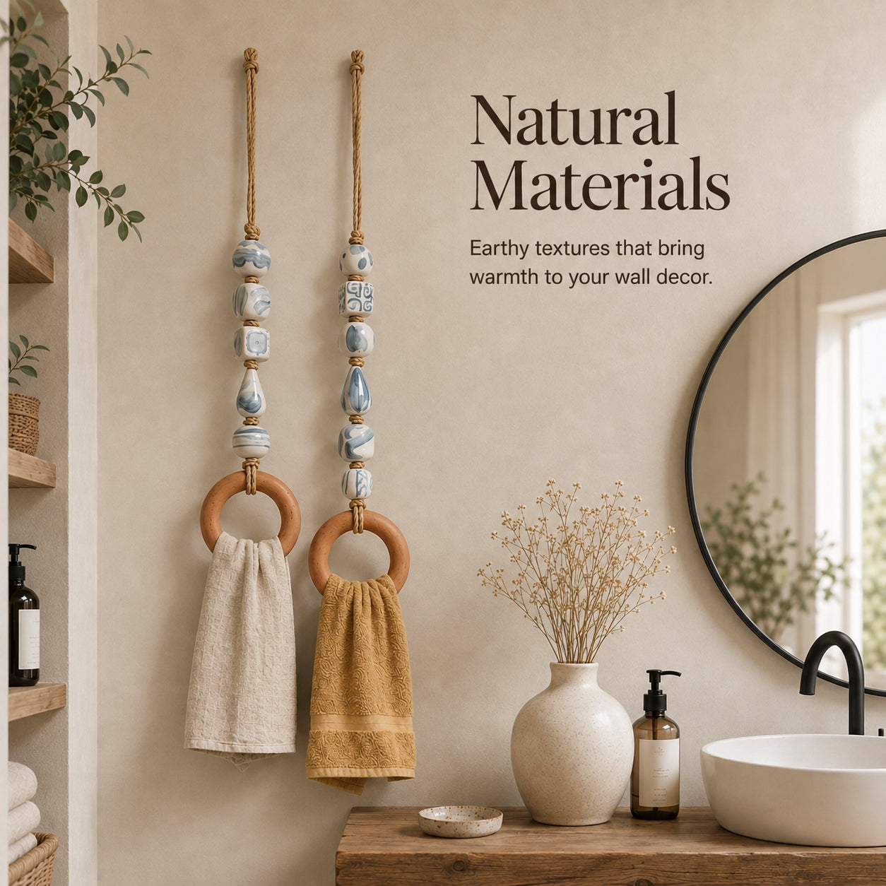 🌊 Boho Chic Coastal Beaded Towel Hanger with Wooden Ring – Perfect Bathroom Decor & Gift Idea 🎁