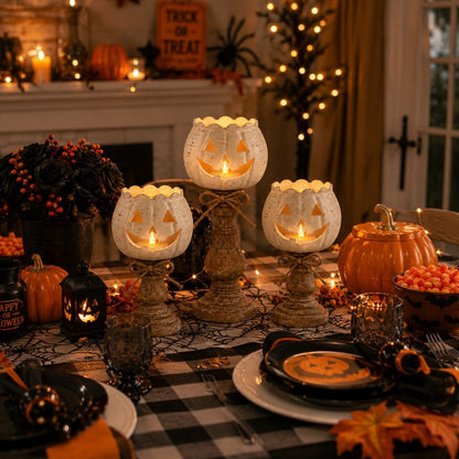 🎃Rustic White Pumpkin Candle Holder Set – Bring Warm Fall Glow & Cozy Halloween Charm Into Your Home🕯️