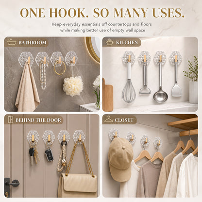 🔥 Crystal Clear Heavy Duty Adhesive Wall Hooks 💎 | Damage-Free Waterproof & Oilproof Hanging Utility Hook ✨