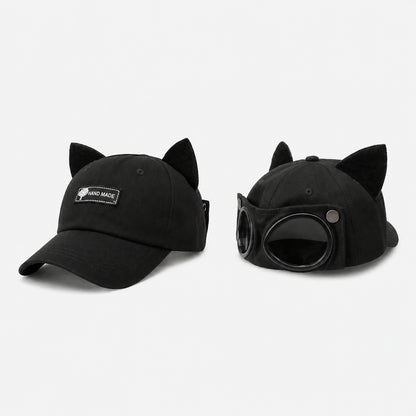 🧢Steampunk Aviator Baseball Cap with Flip-Up Goggles and Cat Ears🐱
