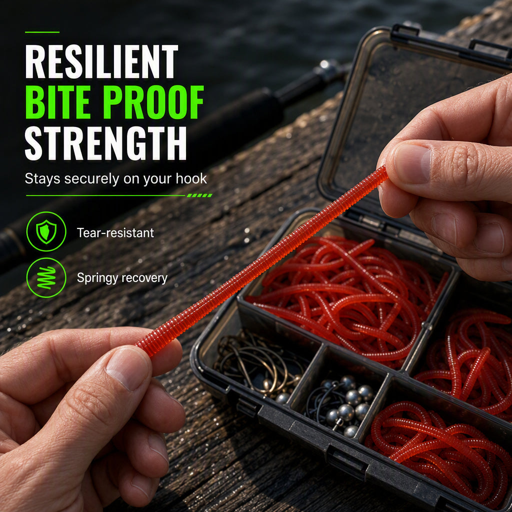 🎣 Shrimp-Scented Lifelike Earthworm Soft Fishing Lures – Flexible Ribbed Action, Glow Effect & 50-Piece Pack 🪱✨