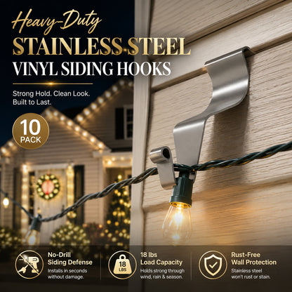 ⚓Damage-Free Stainless Steel Vinyl Siding Hooks – Heavy-Duty No-Drill Hangers for Outdoor Lights & Wreaths