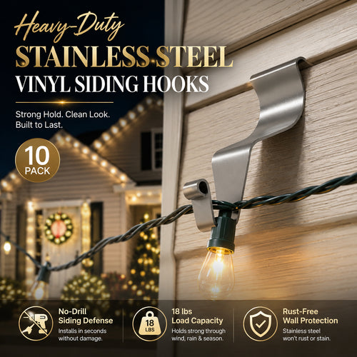 ⚓Damage-Free Stainless Steel Vinyl Siding Hooks – Heavy-Duty No-Drill Hangers for Outdoor Lights & Wreaths