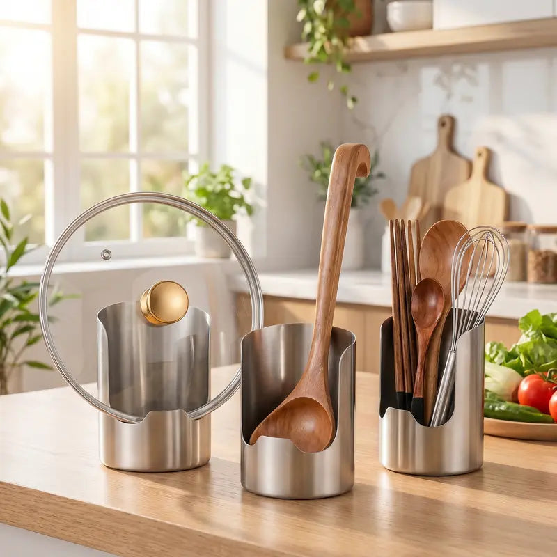 🍳 Keep Your Kitchen Neat & Tidy! Thickened Stainless Steel Utensil Holder & Countertop Organizer ✨