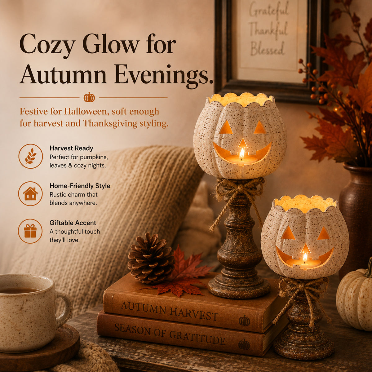 🎃Rustic White Pumpkin Candle Holder Set – Bring Warm Fall Glow & Cozy Halloween Charm Into Your Home🕯️