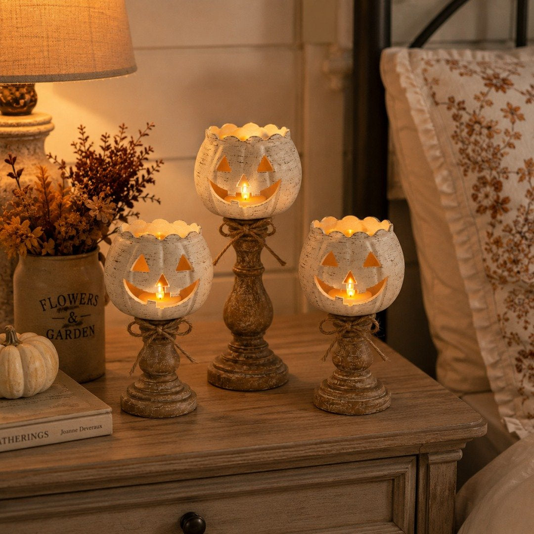 🎃Rustic White Pumpkin Candle Holder Set – Bring Warm Fall Glow & Cozy Halloween Charm Into Your Home🕯️