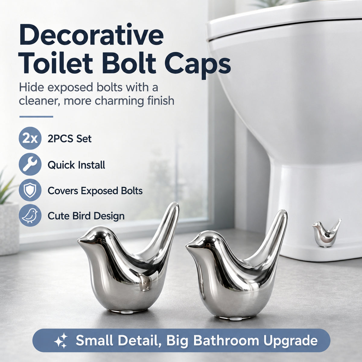 Decorative Toilet Bolt Caps – Aesthetic Ceramic Bird Covers for Ugly Bathroom Screws (2-Pack)