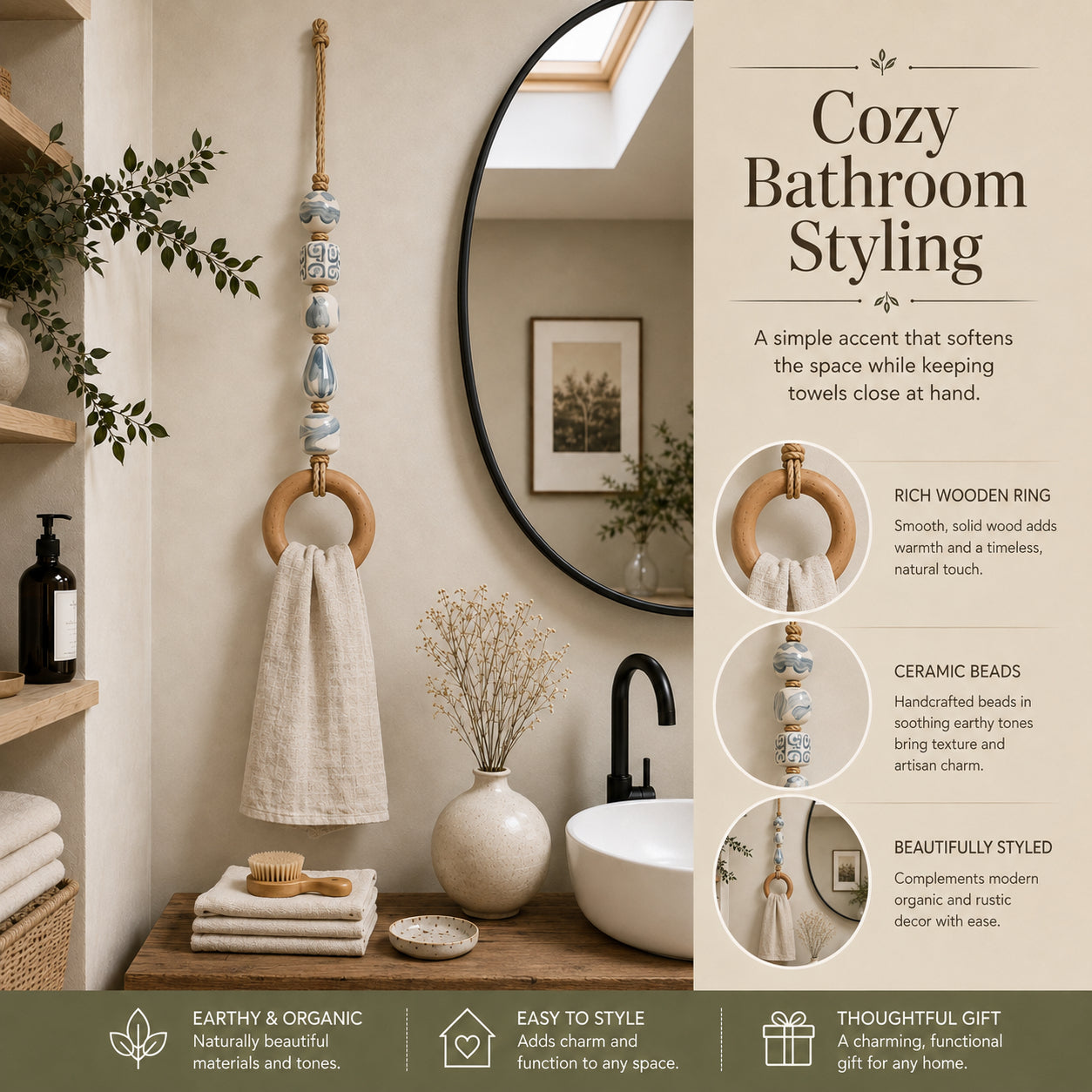 🌊 Boho Chic Coastal Beaded Towel Hanger with Wooden Ring – Perfect Bathroom Decor & Gift Idea 🎁