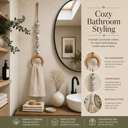 🌊 Boho Chic Coastal Beaded Towel Hanger with Wooden Ring – Perfect Bathroom Decor & Gift Idea 🎁