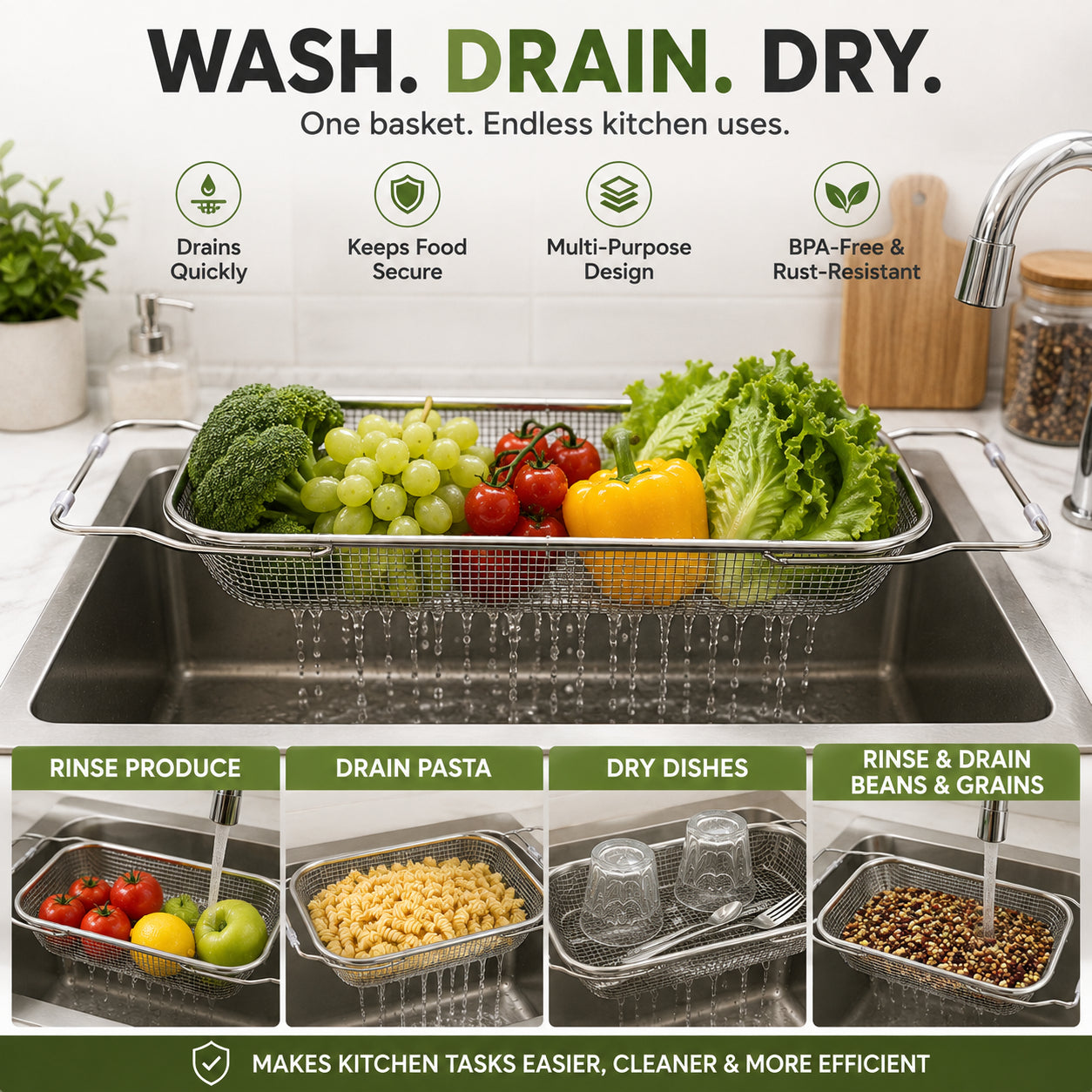 🥬Expandable Over-the-Sink Colander – Rinse, Drain & Prep Without the Mess