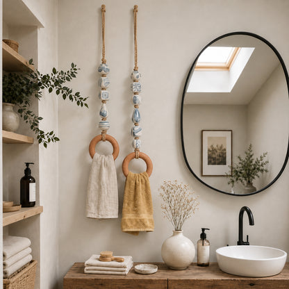 🌊 Boho Chic Coastal Beaded Towel Hanger with Wooden Ring – Perfect Bathroom Decor & Gift Idea 🎁