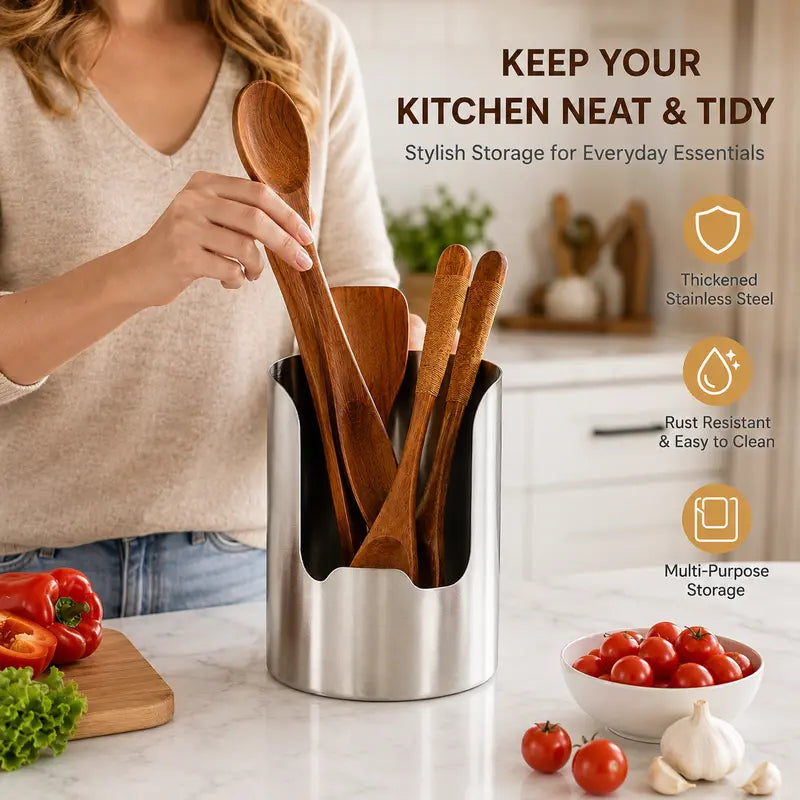 🍳 Keep Your Kitchen Neat & Tidy! Thickened Stainless Steel Utensil Holder & Countertop Organizer ✨