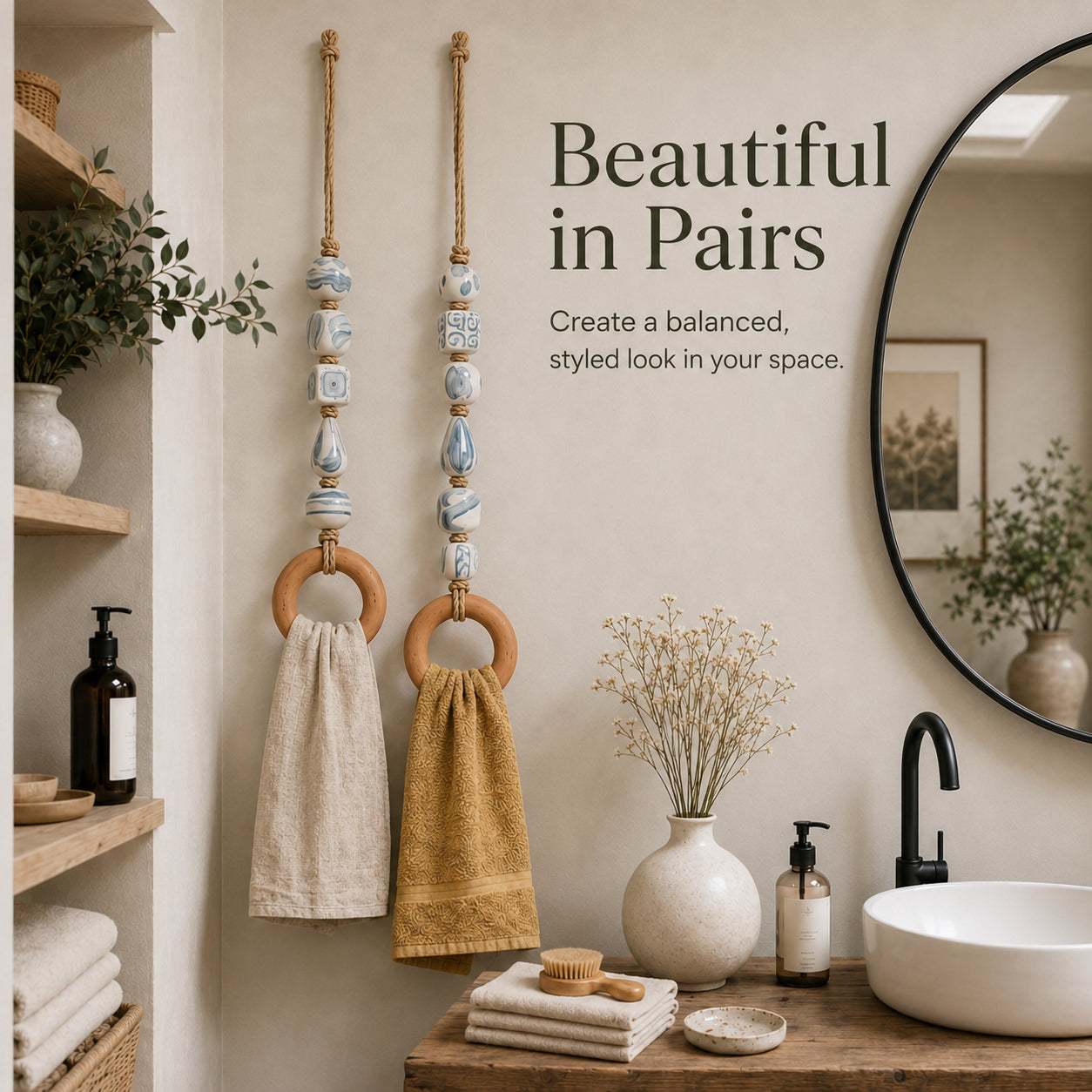 🌊 Boho Chic Coastal Beaded Towel Hanger with Wooden Ring – Perfect Bathroom Decor & Gift Idea 🎁