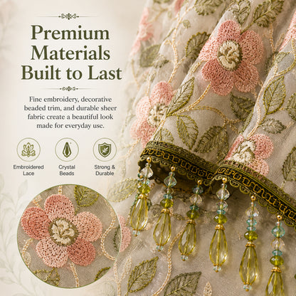 💖 Add a Touch of French Romance — Vintage Floral Lace Door Curtain & Beaded Sheer Panel ✨🌷