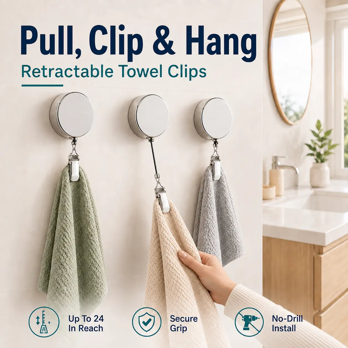Retractable towel clip for easy one hand use
