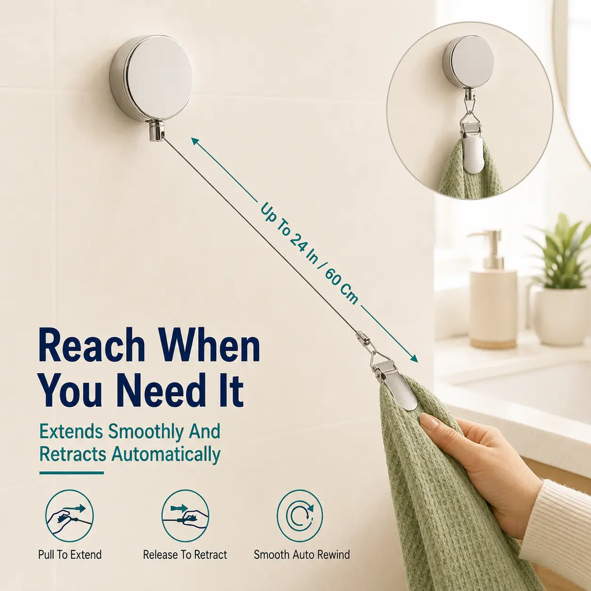 Retractable towel clip with 24 inch 60 centimeter reach