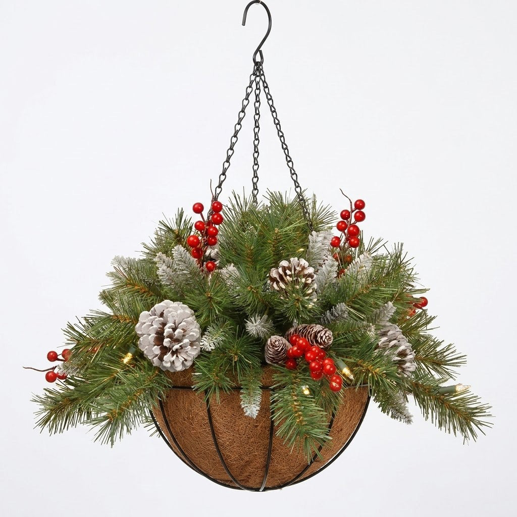 Pre-Lit Christmas Hanging Basket | Artificial Pine & Berry Porch Decor