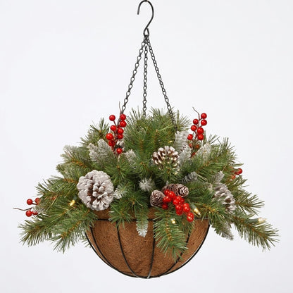 Pre-Lit Christmas Hanging Basket | Artificial Pine & Berry Porch Decor